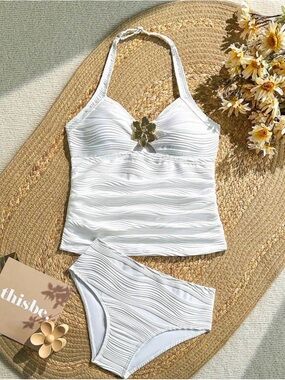 Girls White Tankini Swim Set - Classic Ruched Tankini Top Sz 12Y